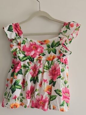 Janie and Jack Floral Ruffle Tank Top - Pink, Green & Orange